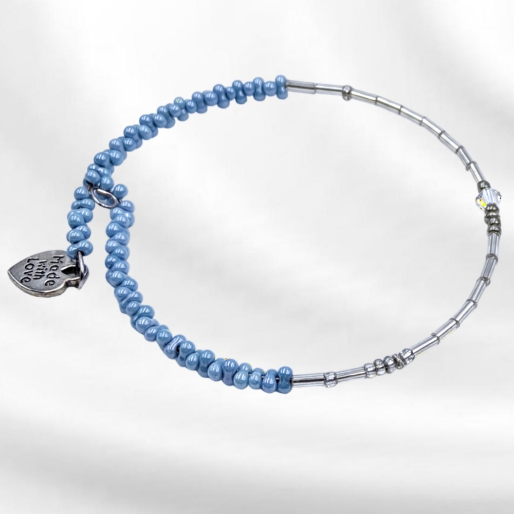 Silver Tone Bracelet w/ Blue Beads & Charm